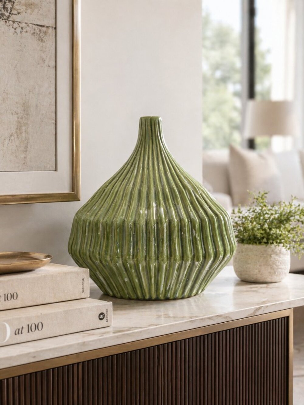 Green Ribbed Ceramic Sculpture Decor